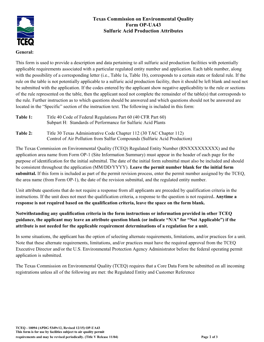 TCEQ Form OP-UA43 Sulfuric Acid Production Attributes