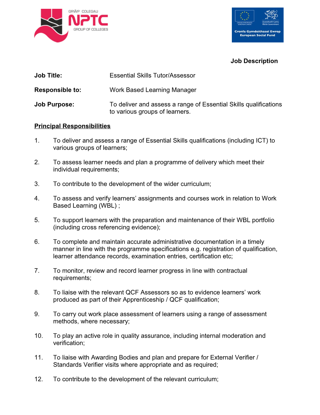 Job Title:Essential Skills Tutor/Assessor