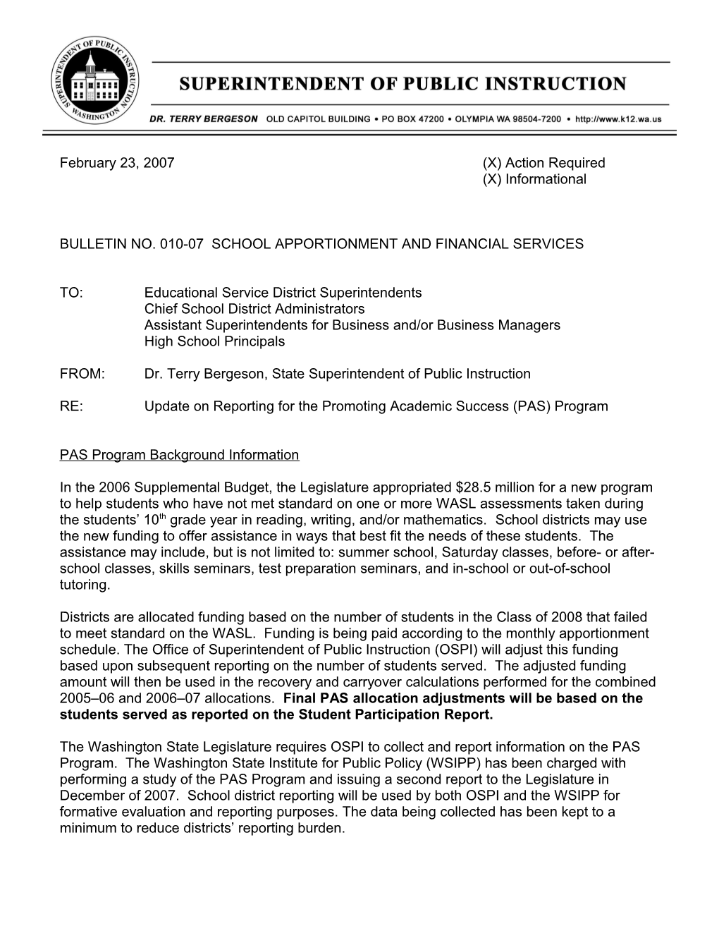 Bulletin No. 010-07 School Apportionment and Financial Services