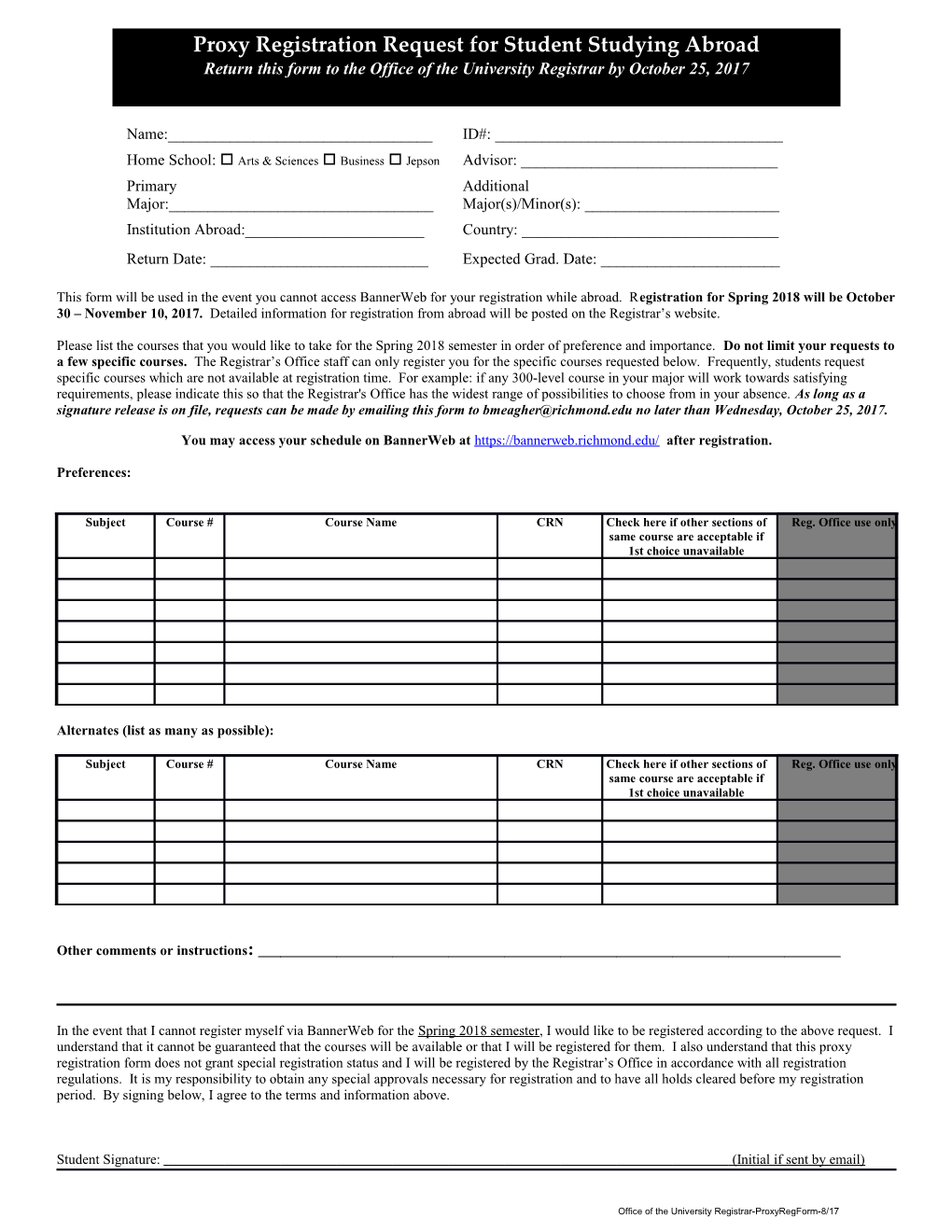 Proxy Registration Request for Student Studying Abroad