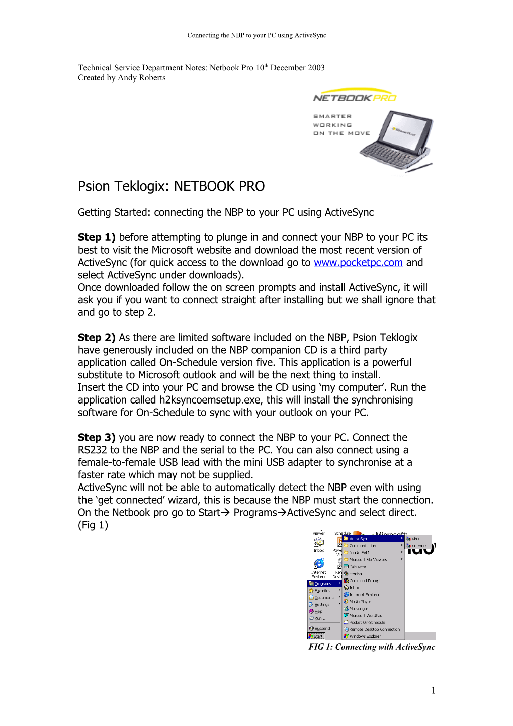 Technical Service Department Notes: Netbook Pro 10Th December 2003