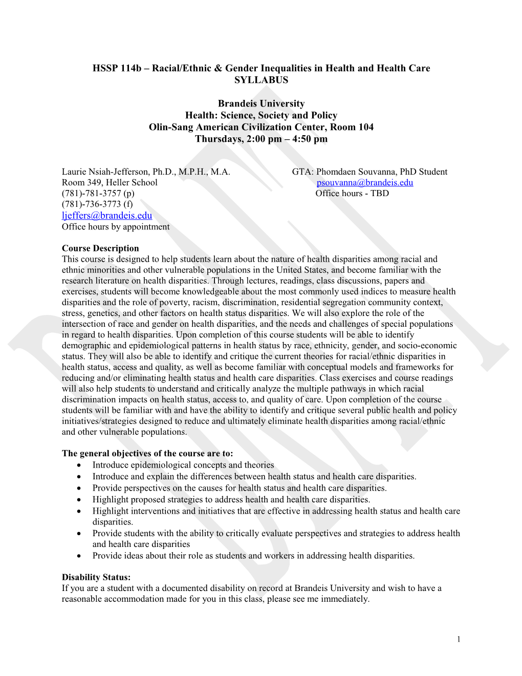 HSSP 114B Racial/Ethnic & Gender Inequalities in Health and Health Care