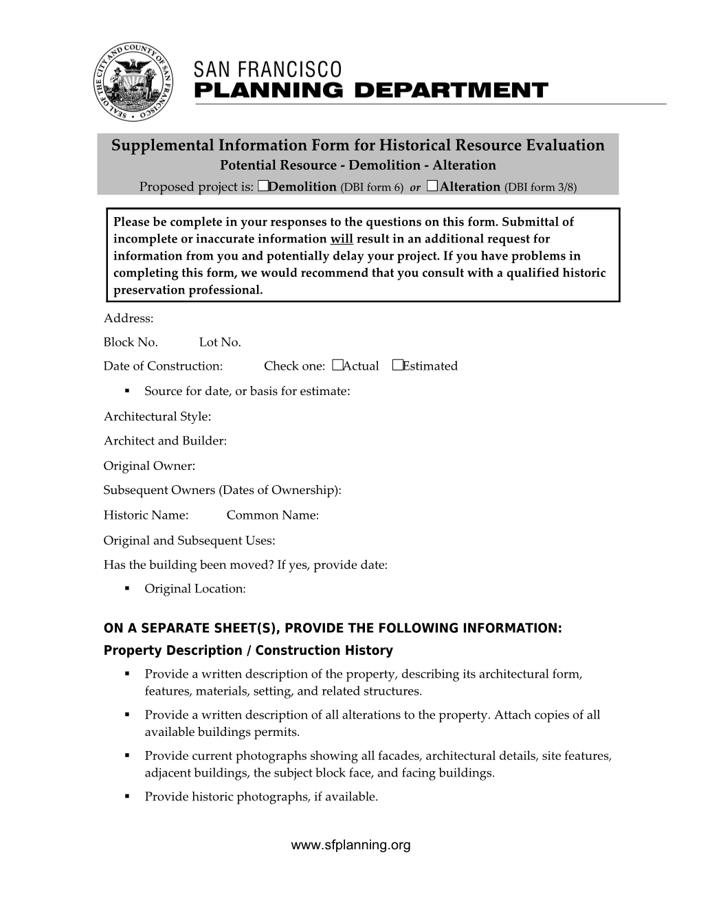 Supplemental Information Form for Historical Resource Evaluation