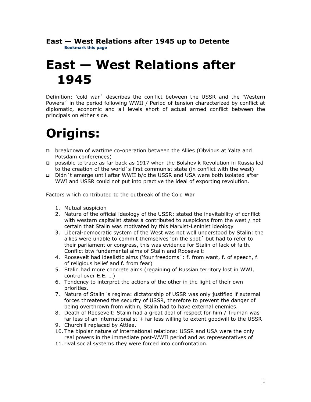 East West Relations After 1945 up to Detente