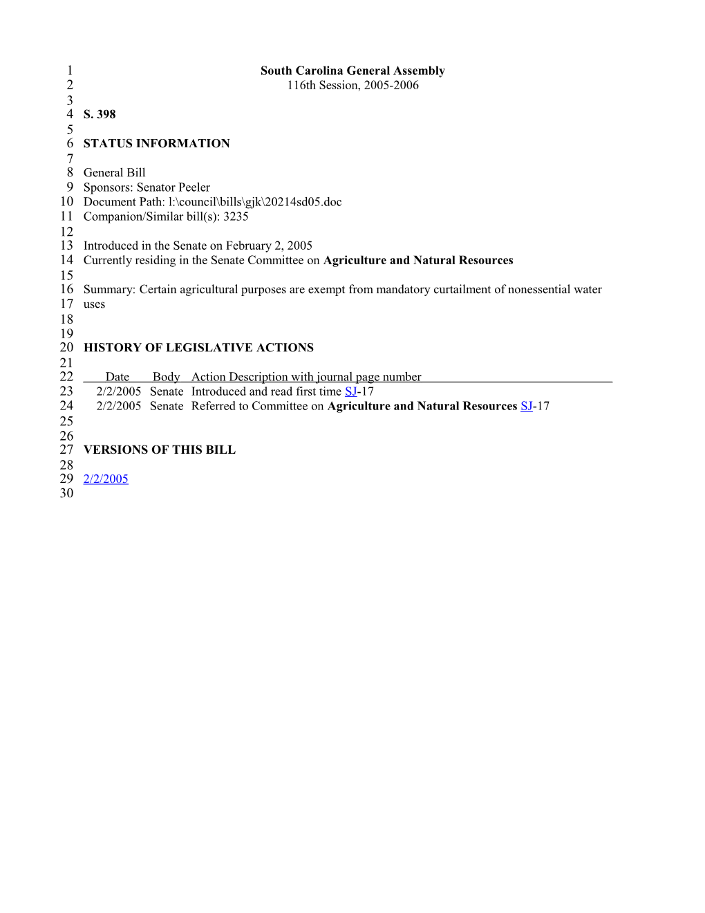 2005-2006 Bill 398: Certain Agricultural Purposes Are Exempt from Mandatory Curtailment