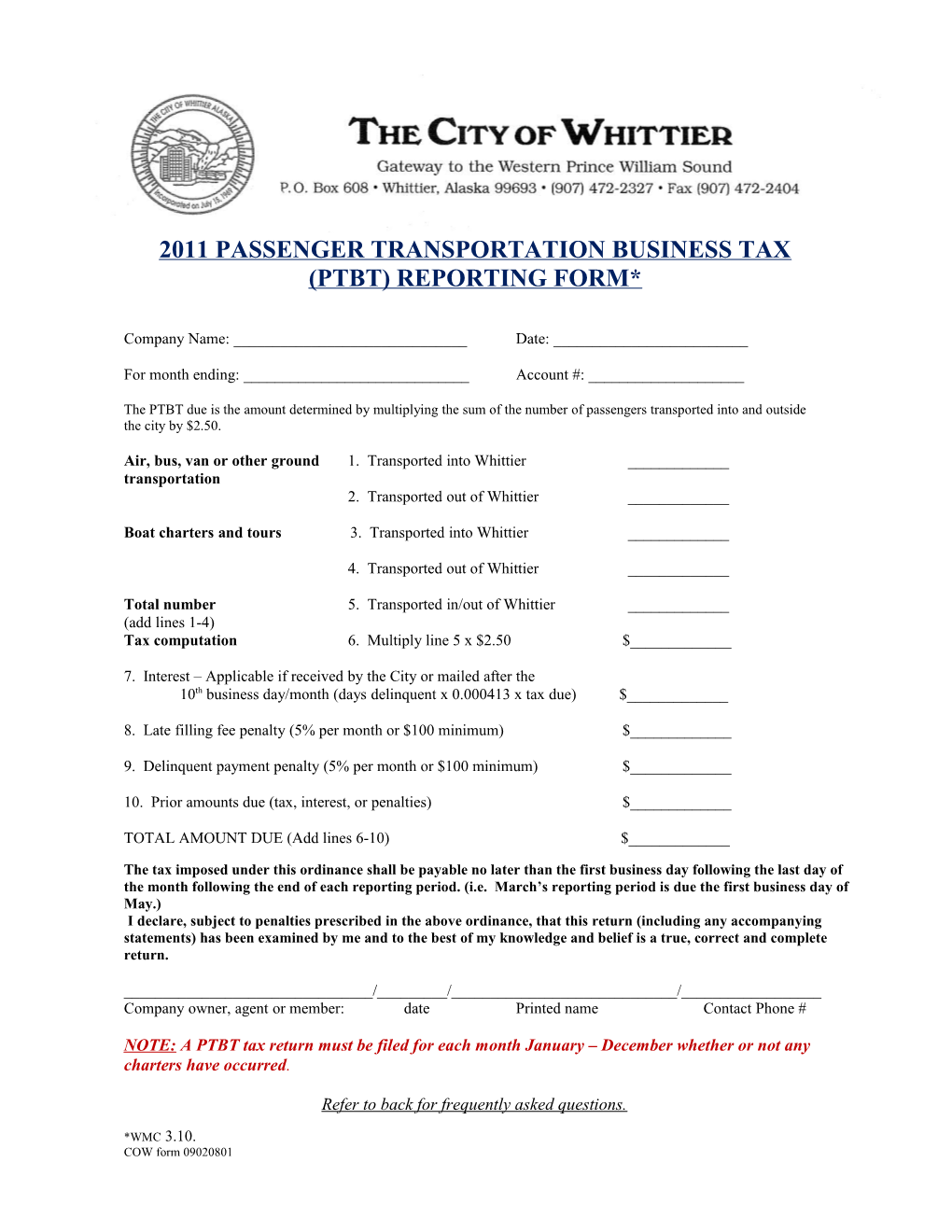 2011 Passenger Transportation Business Tax (Ptbt) Reporting Form*