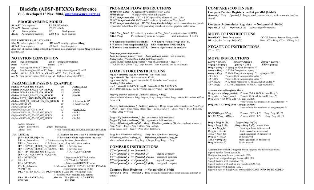 Blackfin Reference Sheet Developed 1St December 2003, Smithmr Ucalgary