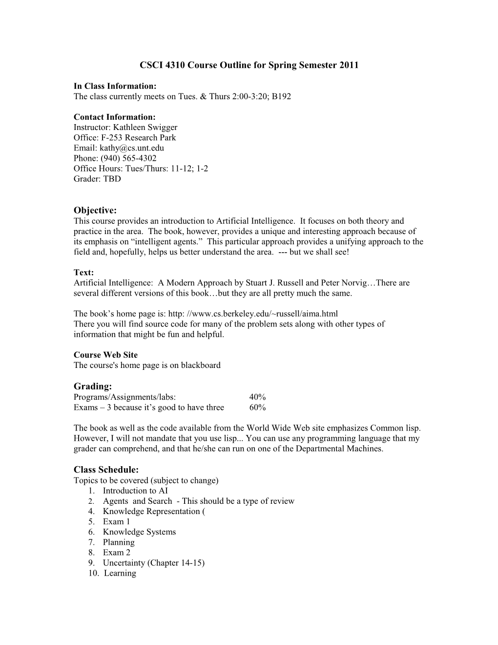 CSCI 541.001 Course Outline for Spring Semester 1996