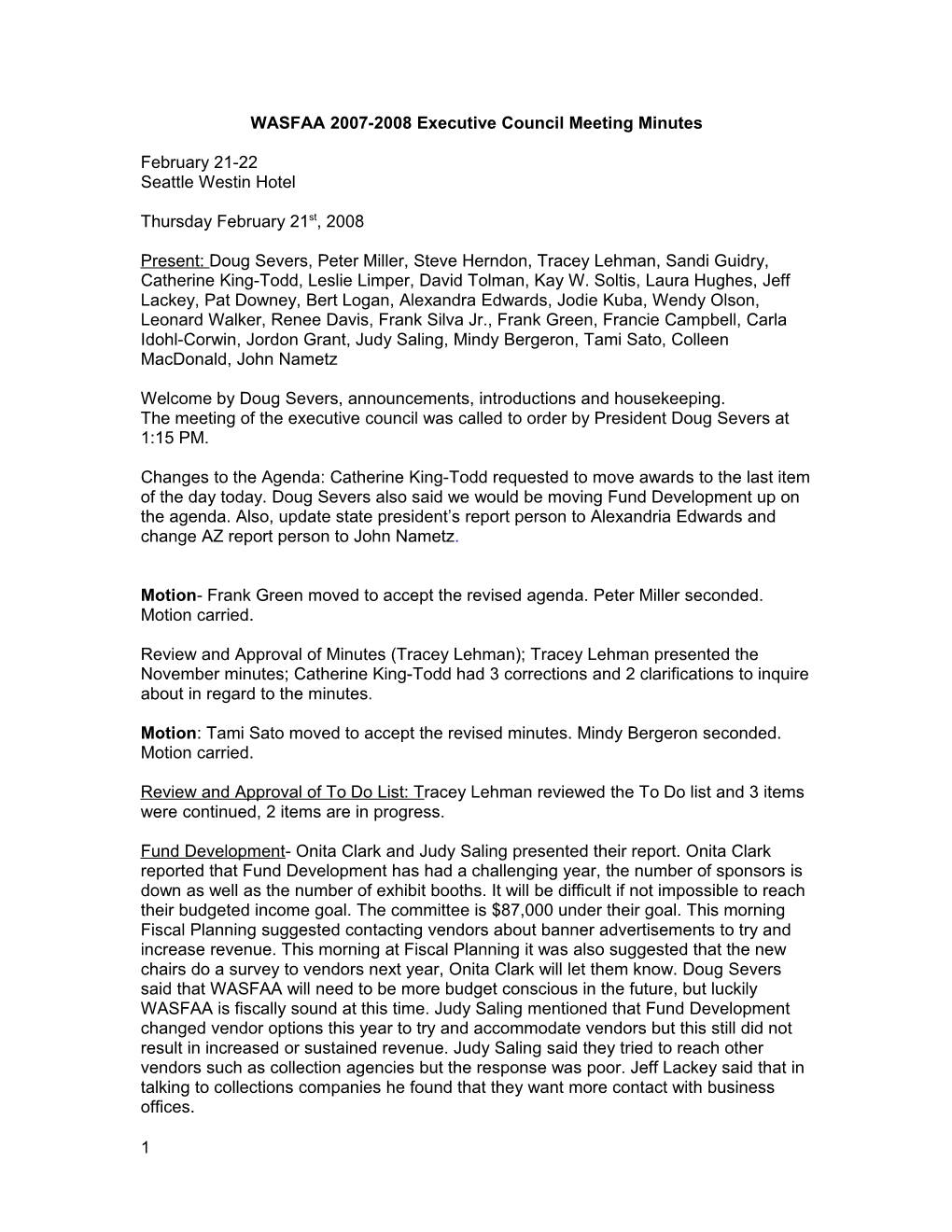 WASFAA 2007-2008 Executive Council Meeting Minutes