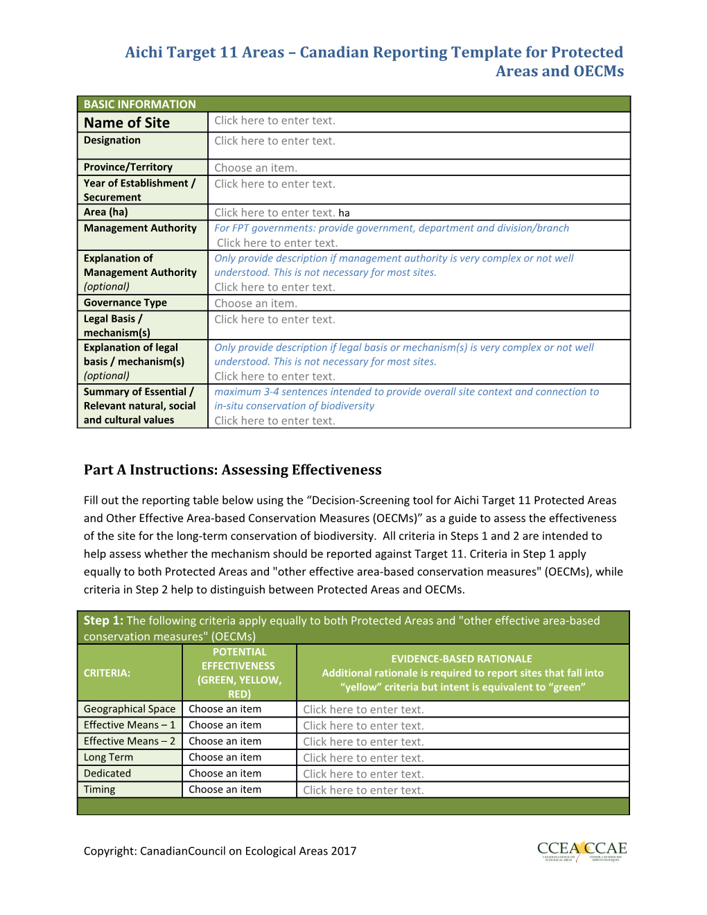 Aichi Target 11 Areas Canadian Reporting Template for Protected Areas and Oecms