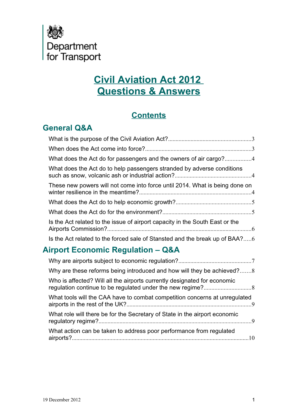Civil Aviation Act 2012: Questions and Answers