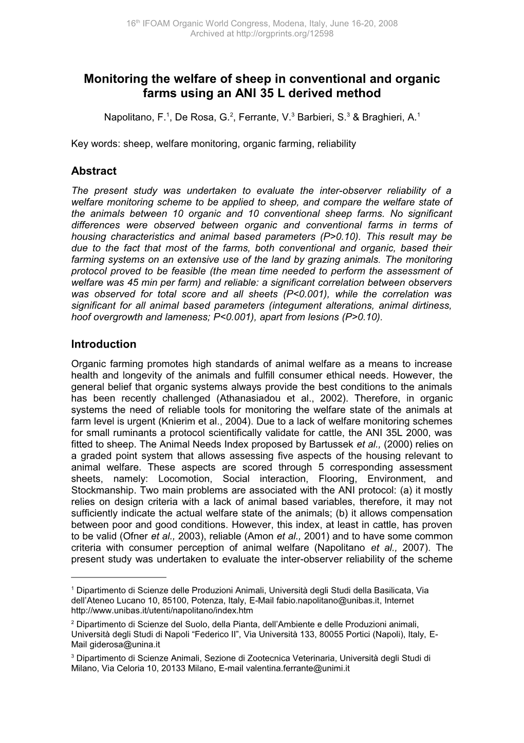 Monitoring the Welfare of Sheep in Conventional and Organic Farms Using an ANI 35 L Derived