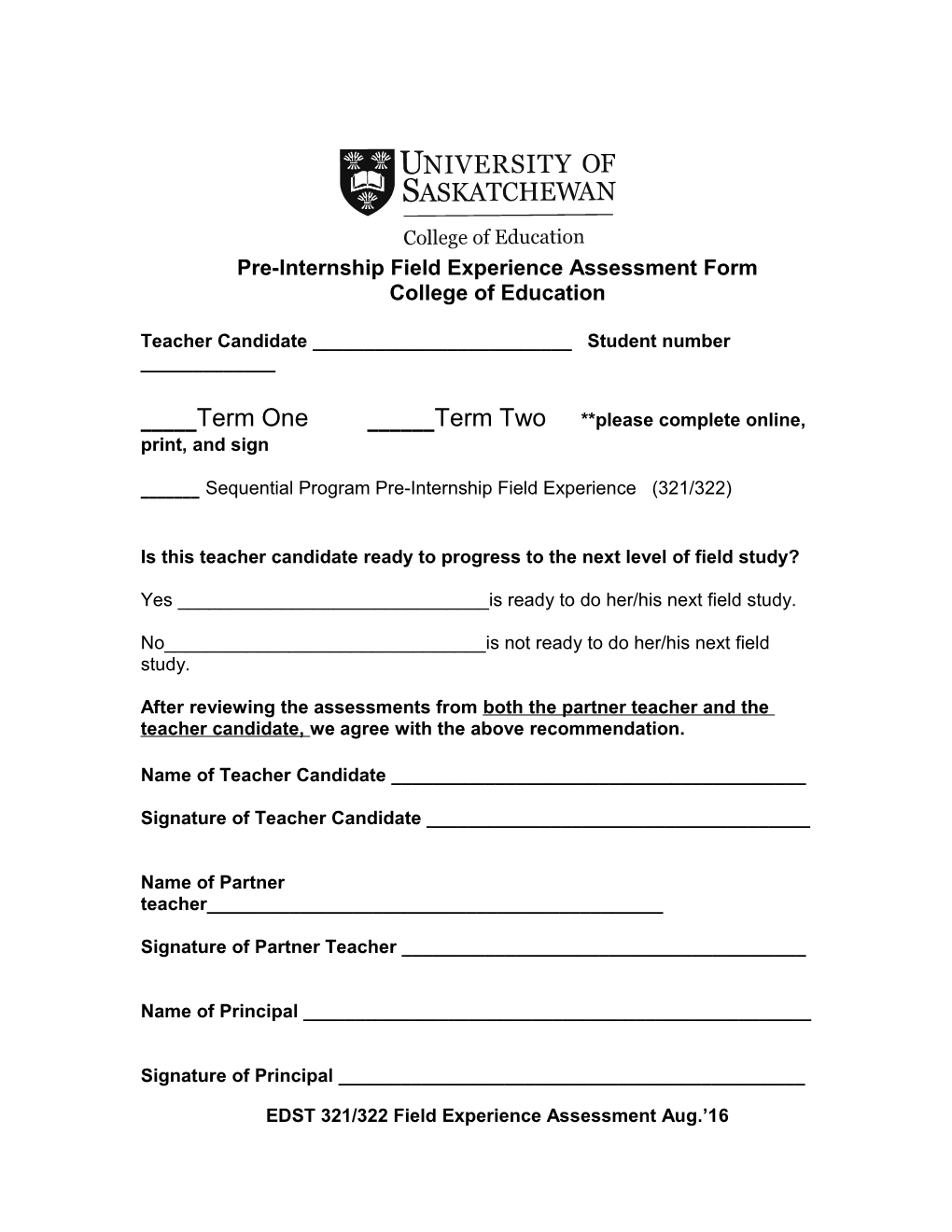 Pre-Internship Field Experience Assessment Form