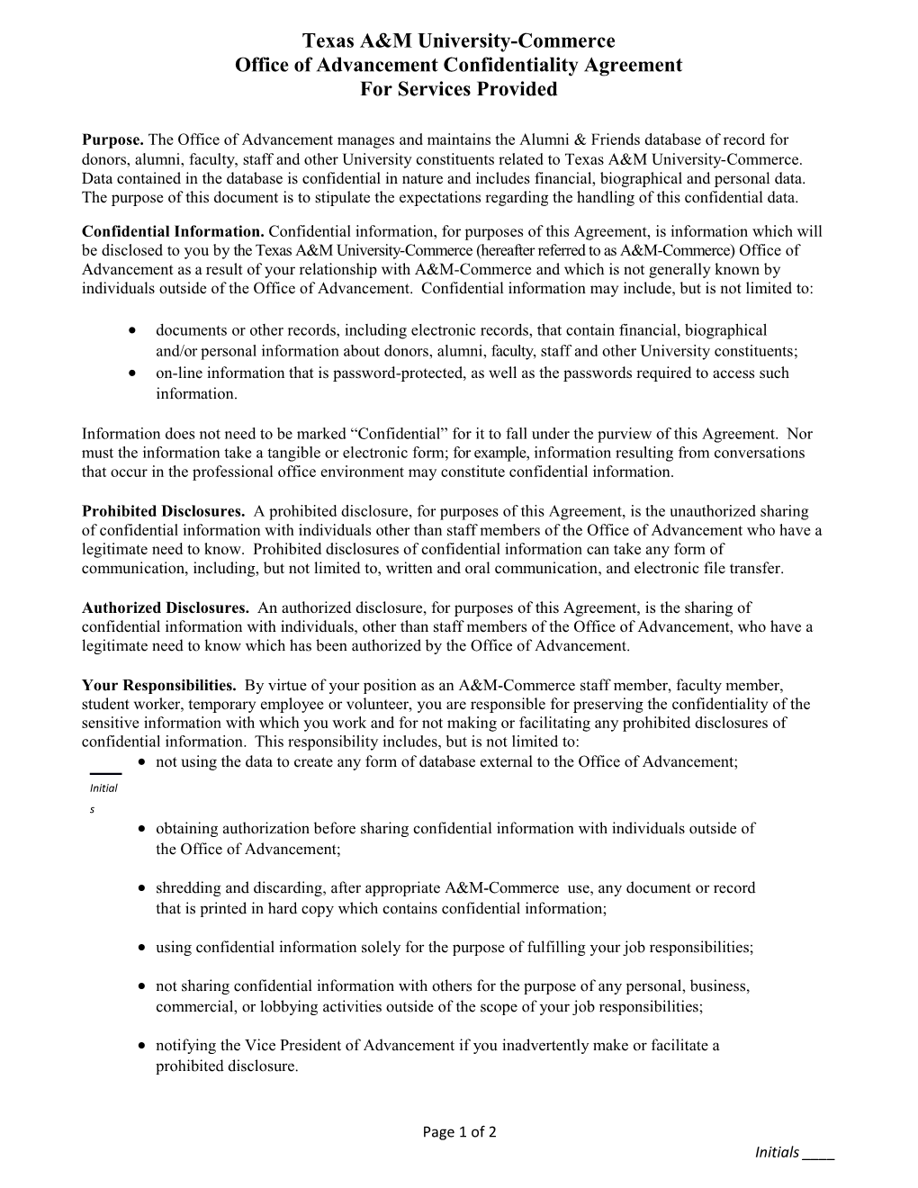 Office of Advancement Confidentiality Agreement
