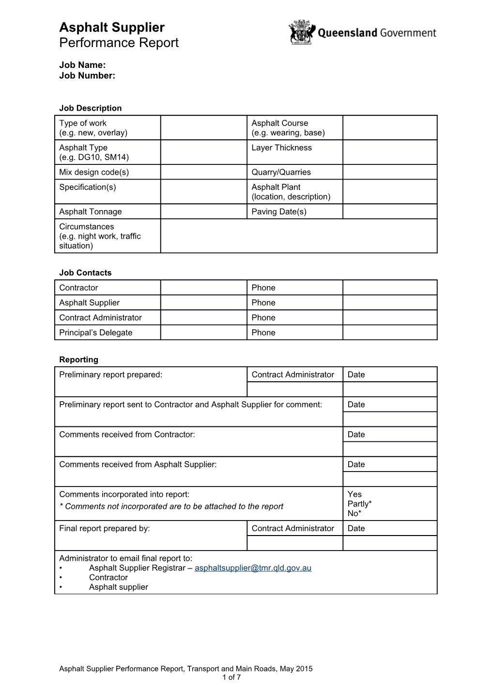 Asphalt Supplier Performance Assessment Report Form