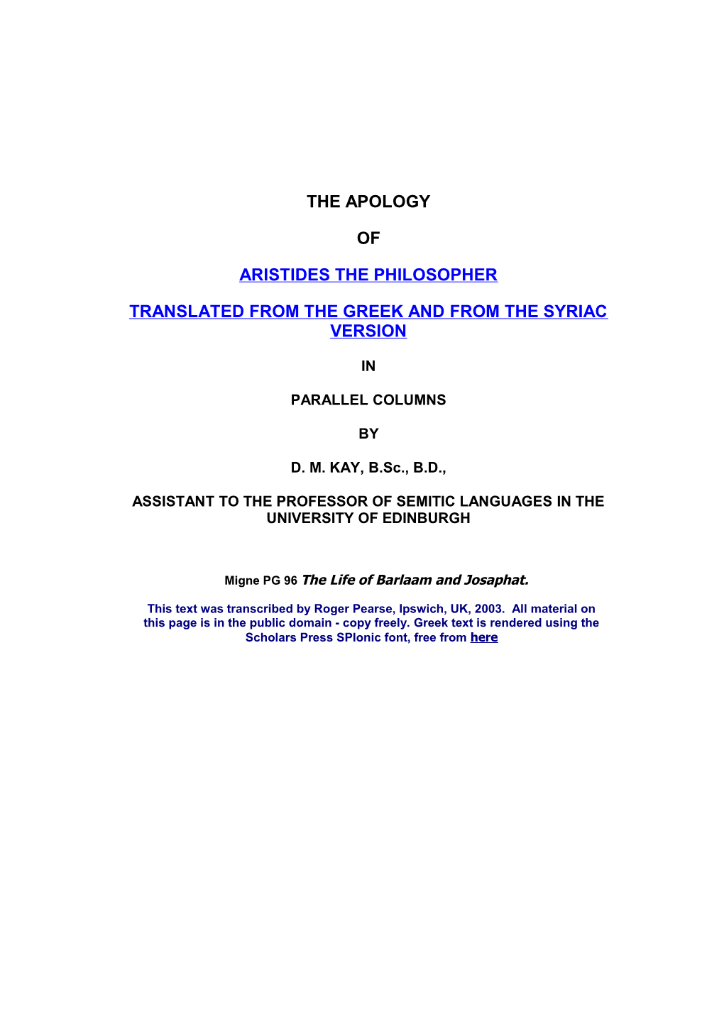 Translated from the Greek and from the Syriac Version