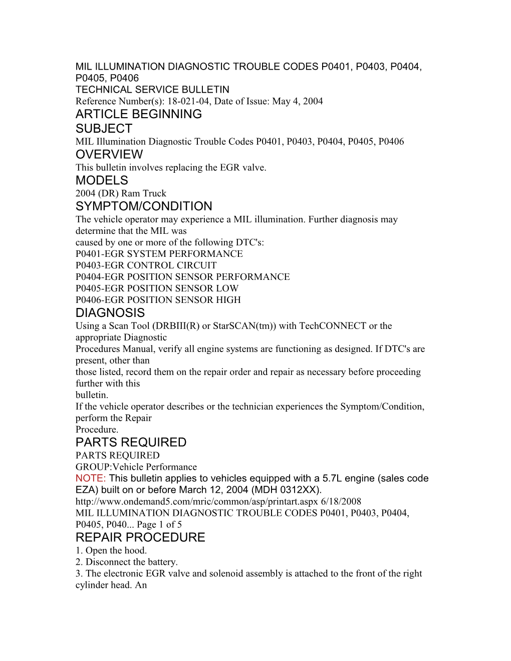 Mil Illumination Diagnostic Trouble Codes P0401, P0403, P0404, P0405, P0406