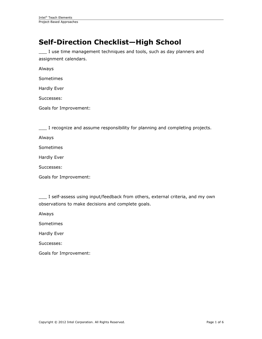 Self-Direction Checklist High School