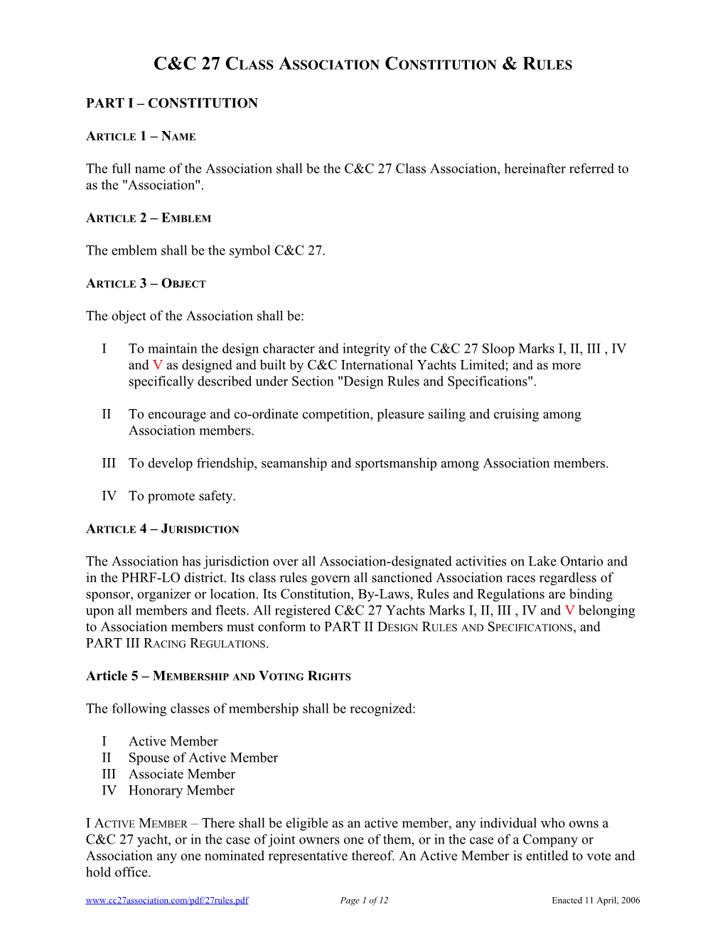 C&C 27 Class Association Constitution & Rules
