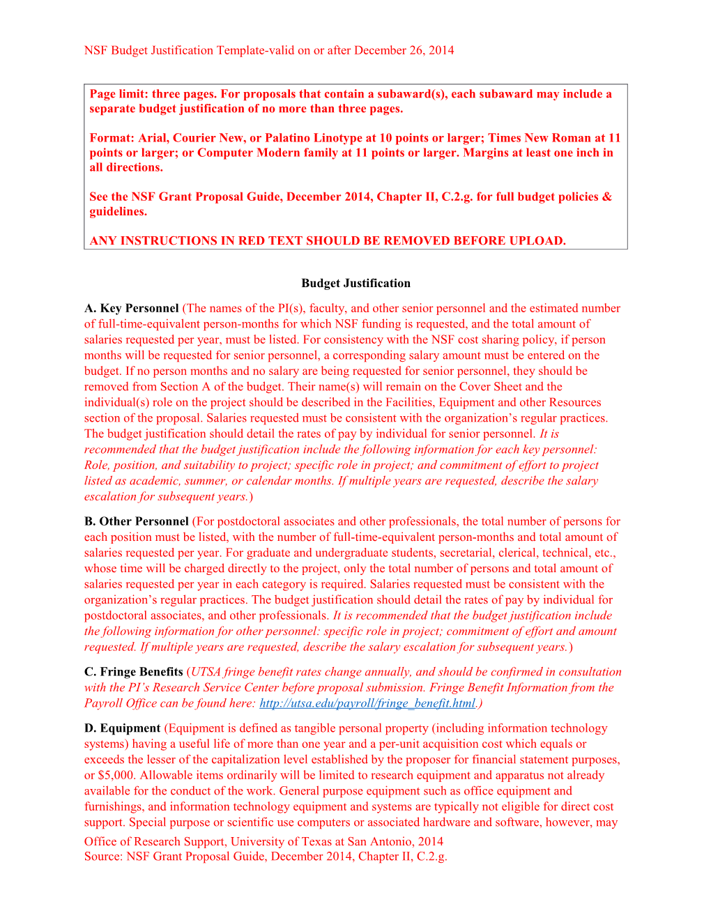 NSF Budget Justification Template-Valid on Or After December 26, 2014