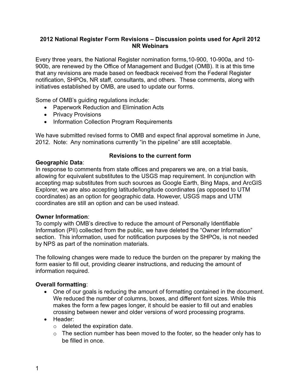 2012 National Register Form Revisions Discussion Points Used for April 2012 NR Webinars