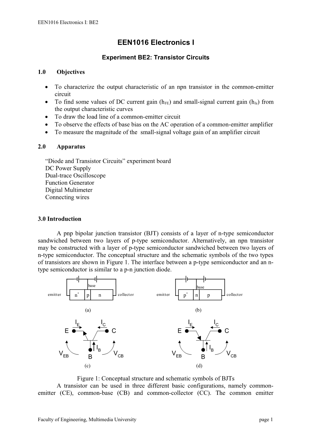 Experiment BE2: Transistor Circuits