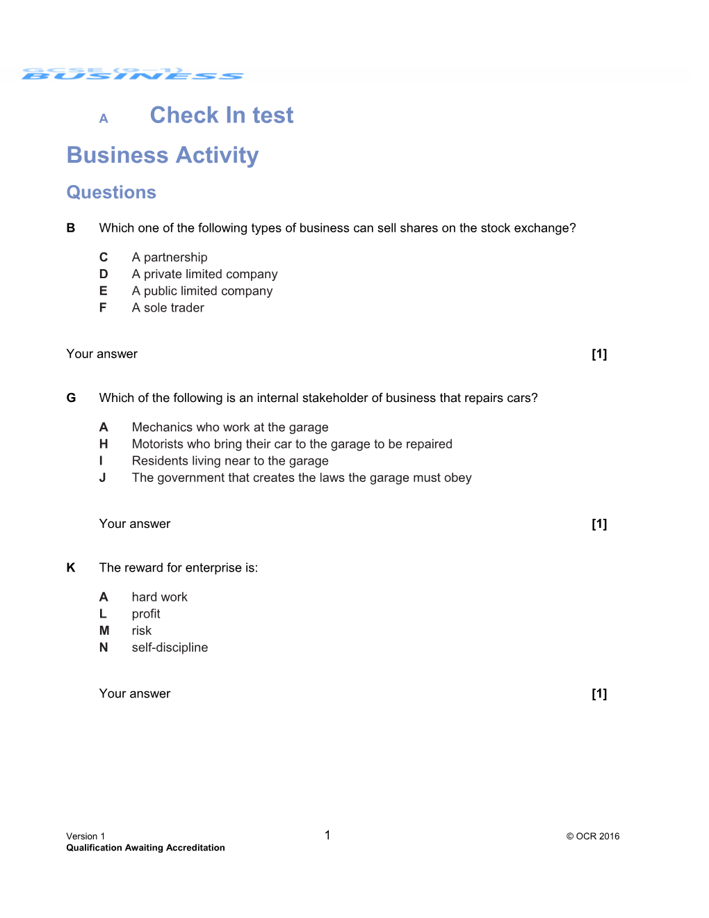 GCSE (9-1) Business Check in Test - Business Activity