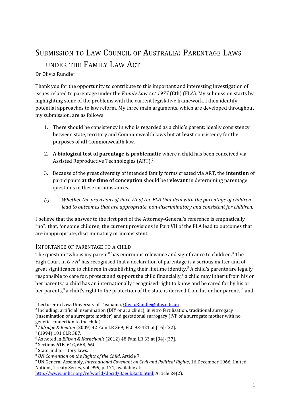 Submission to Law Council of Australia: Parentage Laws Under the Family Law Act