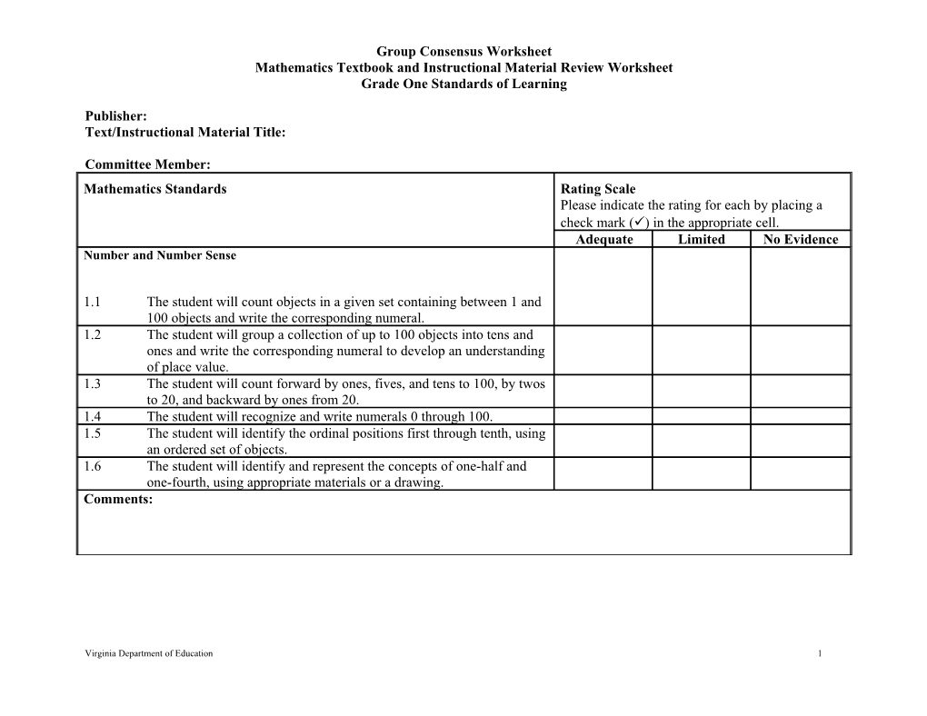 Mathematics Textbook and Instructional Material Review Worksheet