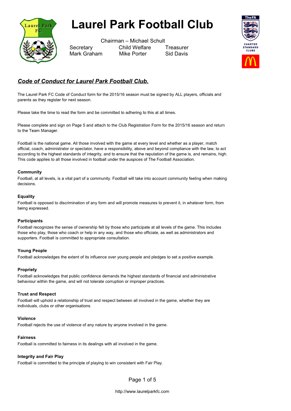 Code of Conduct for Laurel Park Football Club