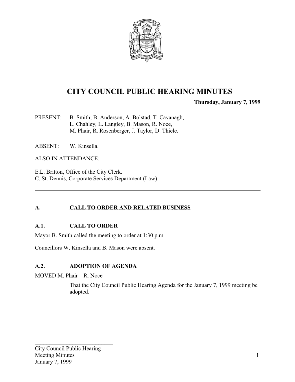 Minutes for City Council January 7, 1999 Meeting