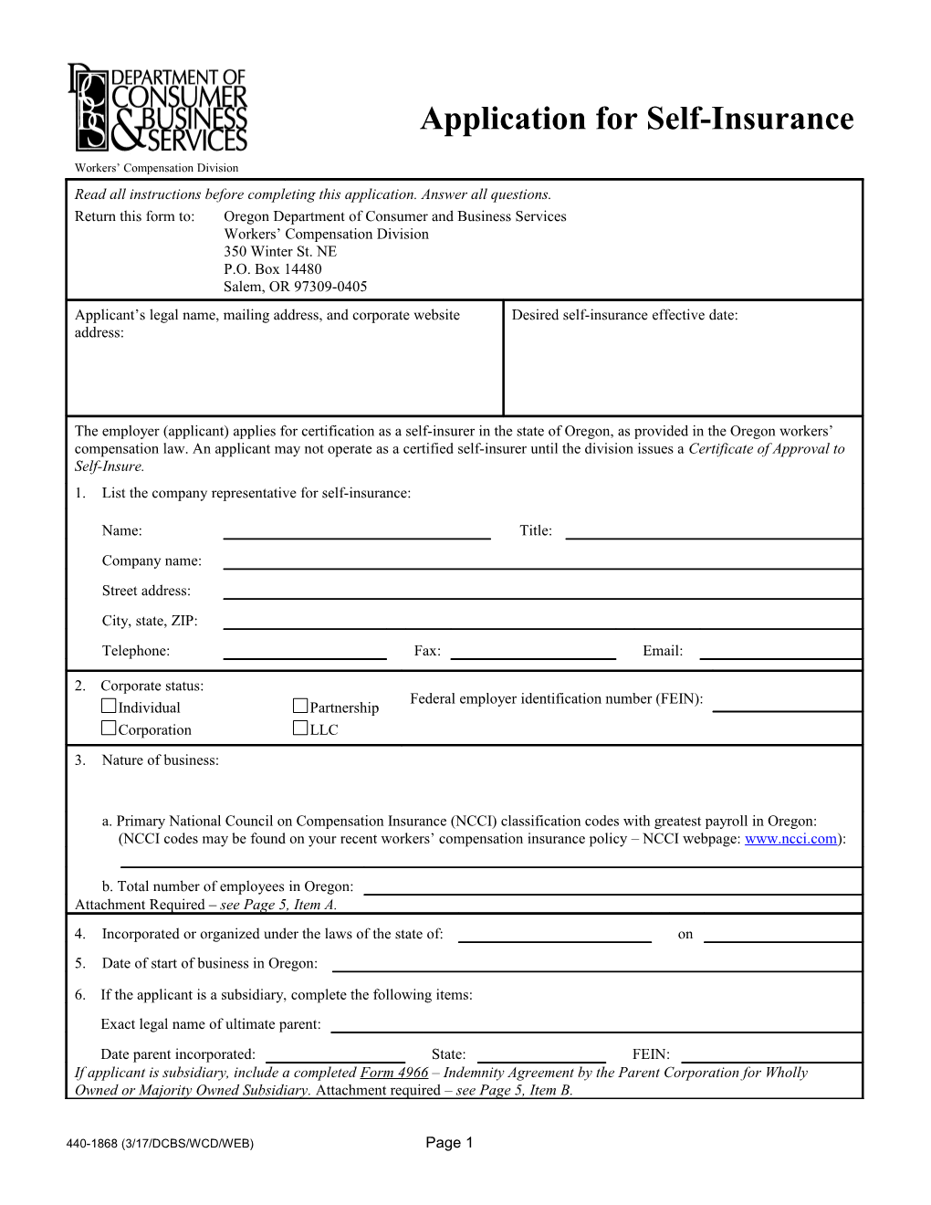 Application for Self-Insurance