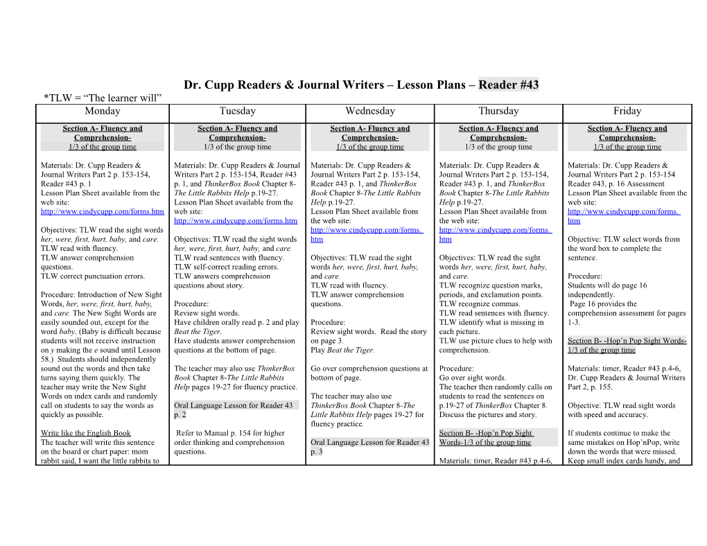 Dr. Cupp Readers & Journal Writers Lesson Plans Reader #43