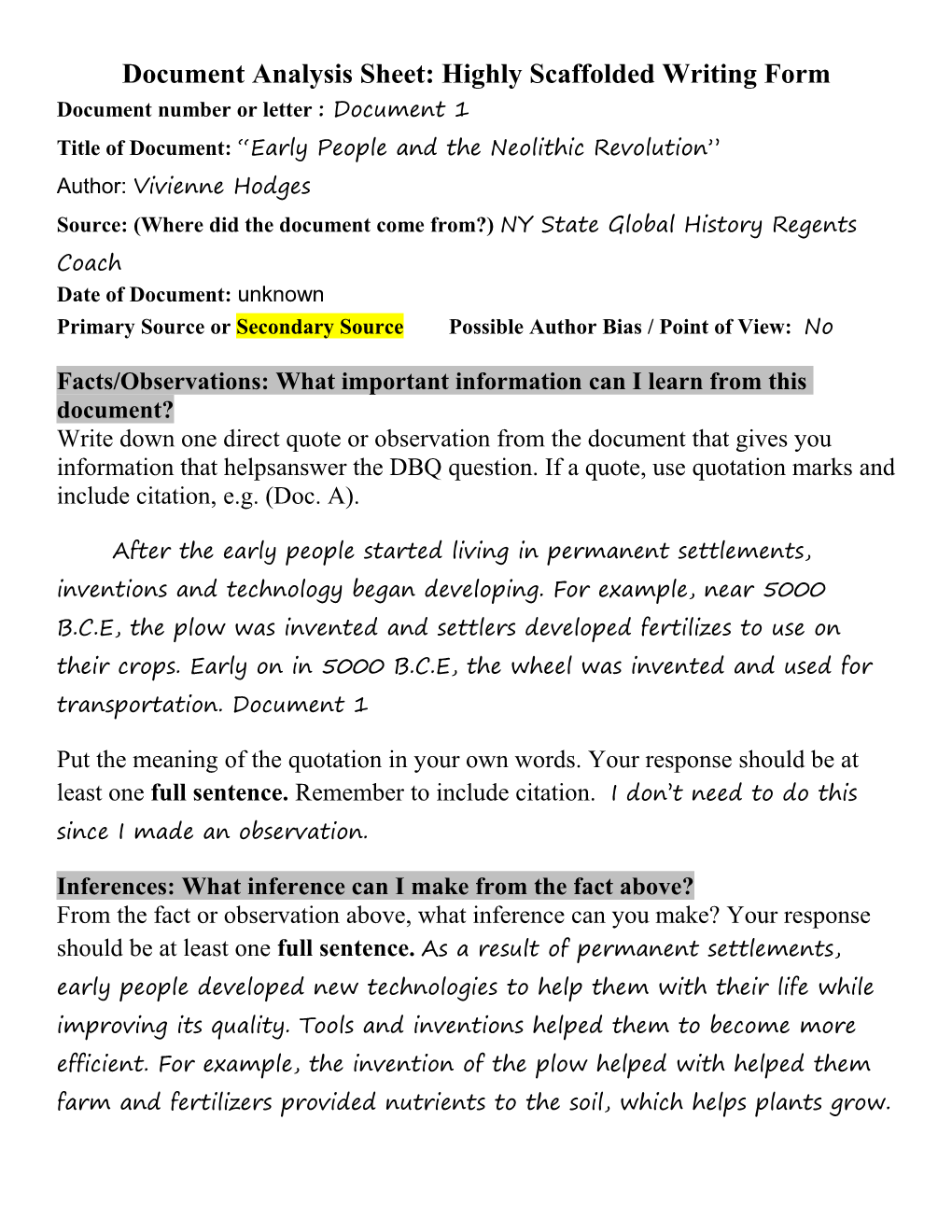 Document Analysis Sheet: Highly Scaffolded Writing Form