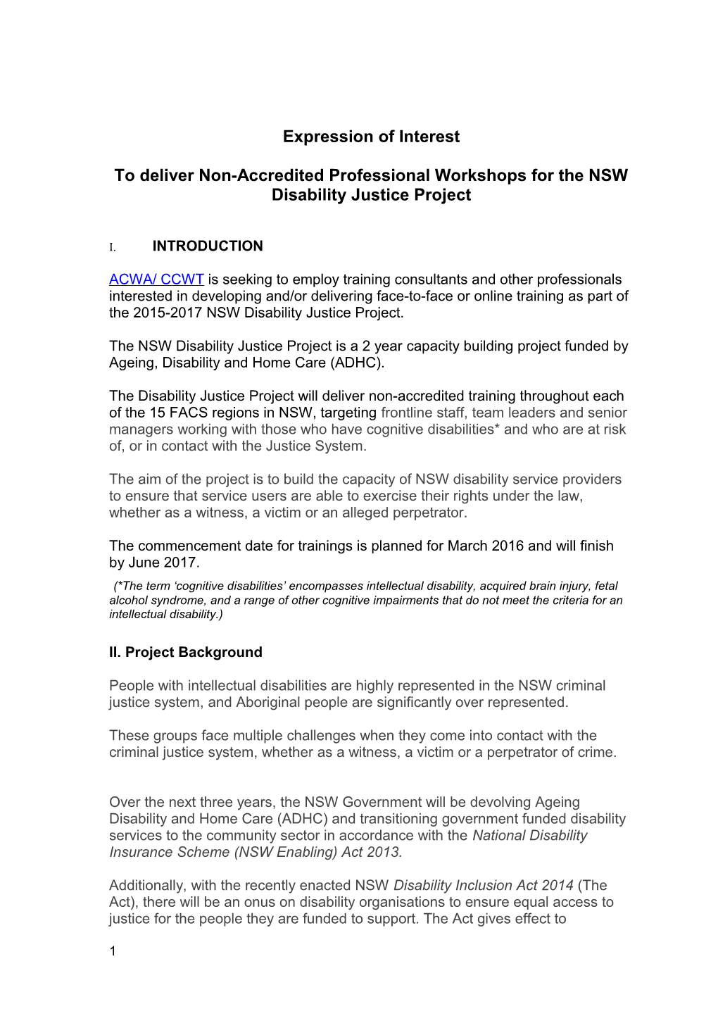 To Deliver Non-Accredited Professional Workshops for the NSW Disability Justice Project