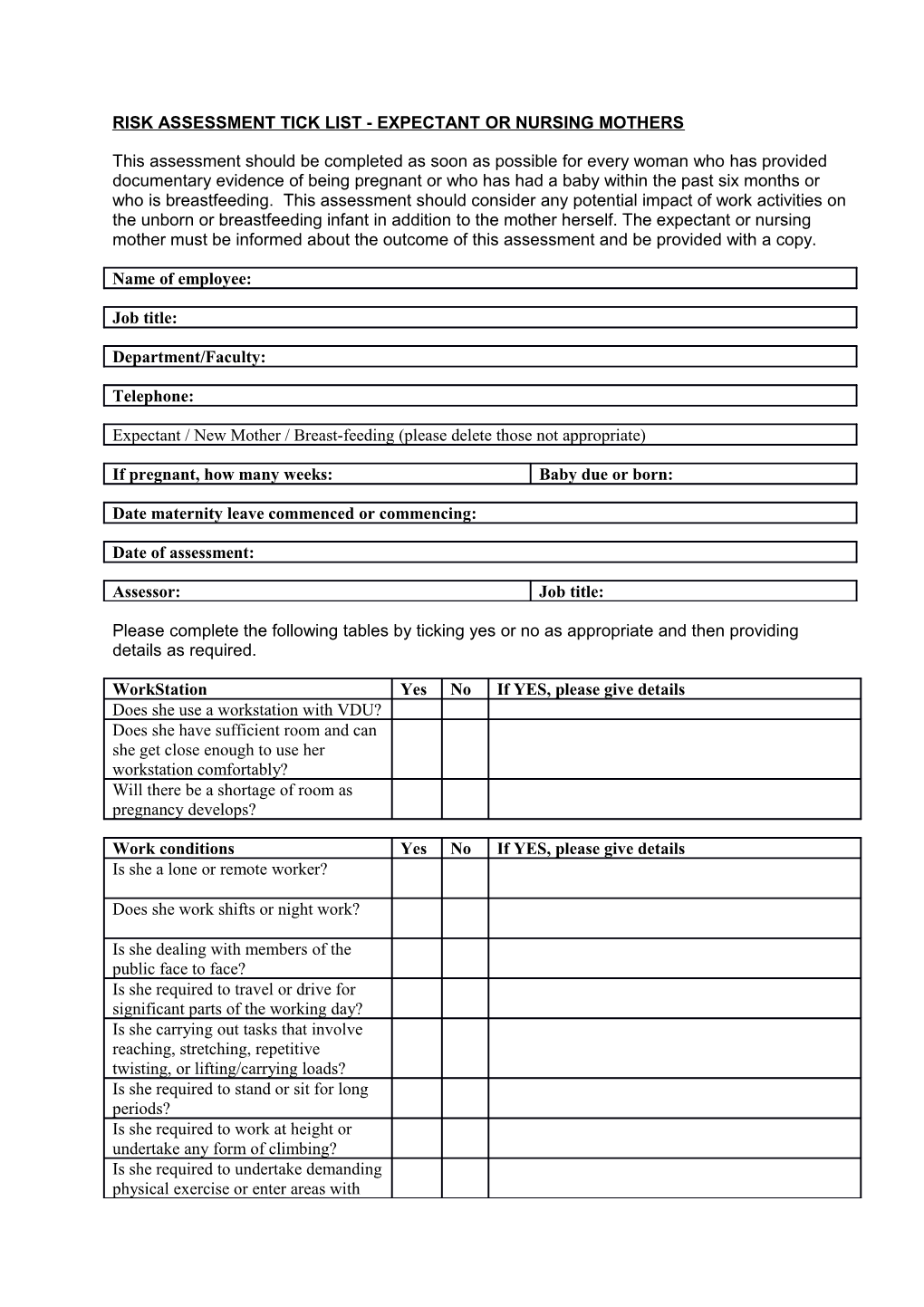 Risk Assessment Ticklist - Expectant Or Nursing Mothers