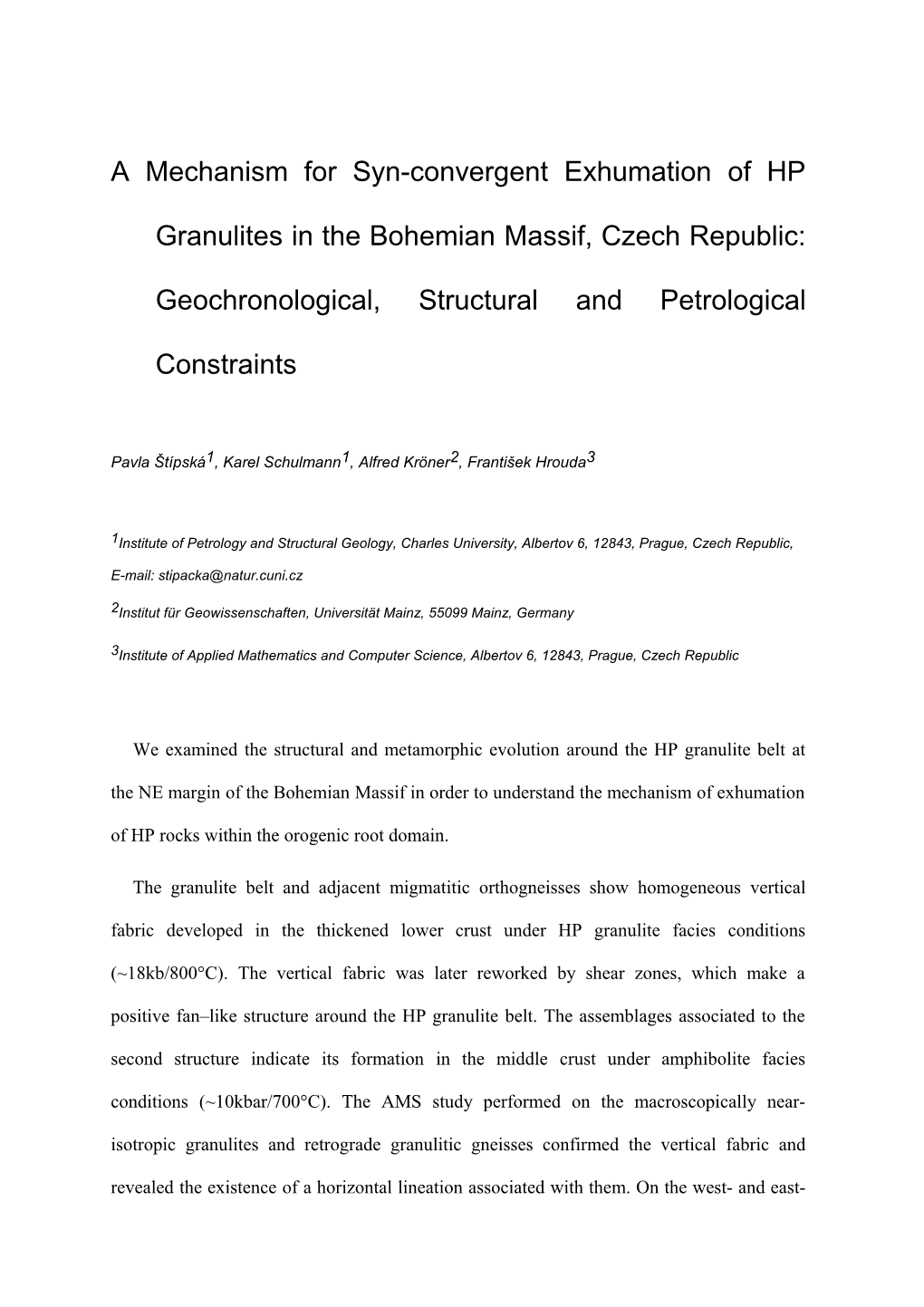 A Mechanism for Syn-Convergent Exhumation of HP Granulites in the Bohemian Massif, Czech