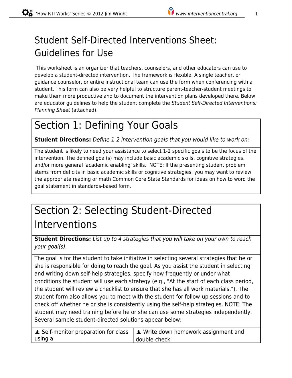 Student Self-Directed Interventions Sheet: Guidelines for Use