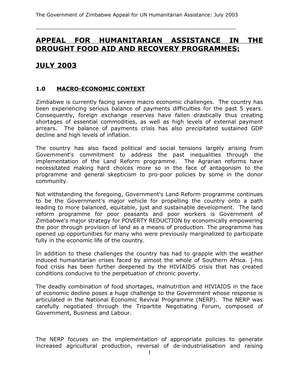 Appeal for Humanitarian Assistance in the Drought Food Aid and Recovery Programmes