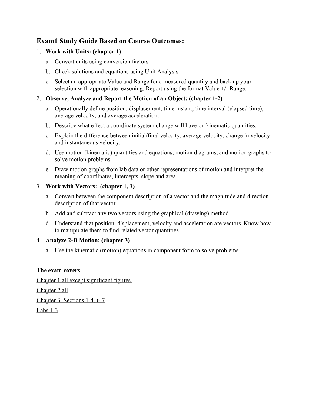 Exam1 Study Guide Based on Course Outcomes