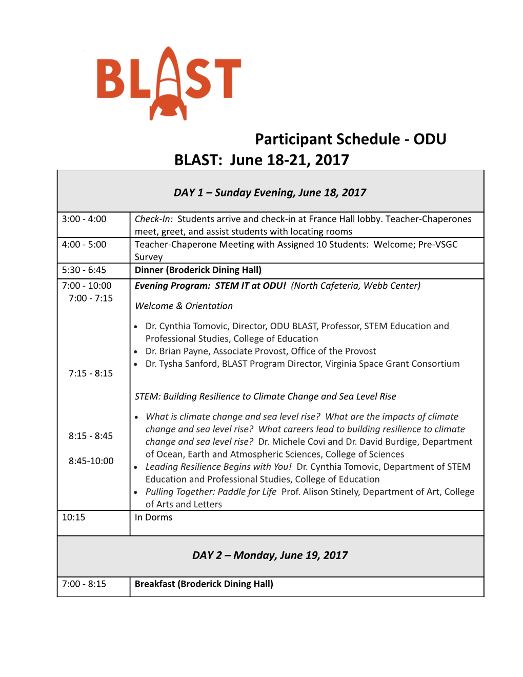 Participant Schedule - ODU BLAST: June 18-21, 2017