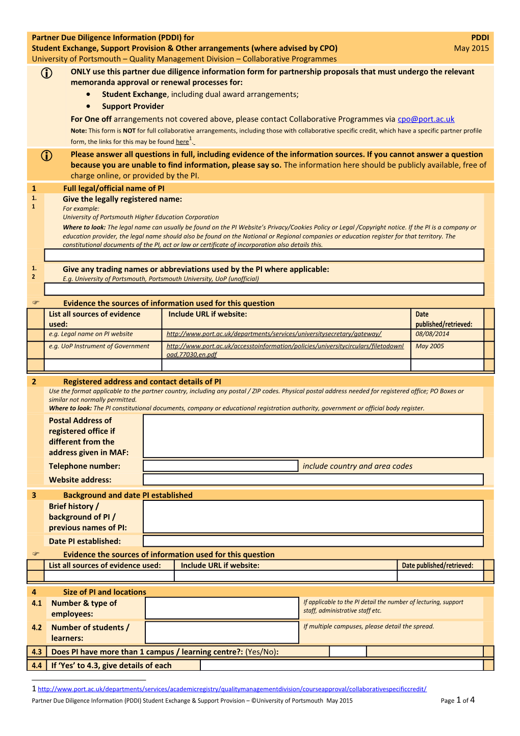 Partner Due Diligence Information (PDDI) Student Exchange & Support Provision University