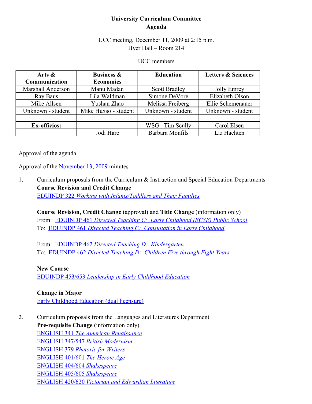 University Curriculum Committee Agenda