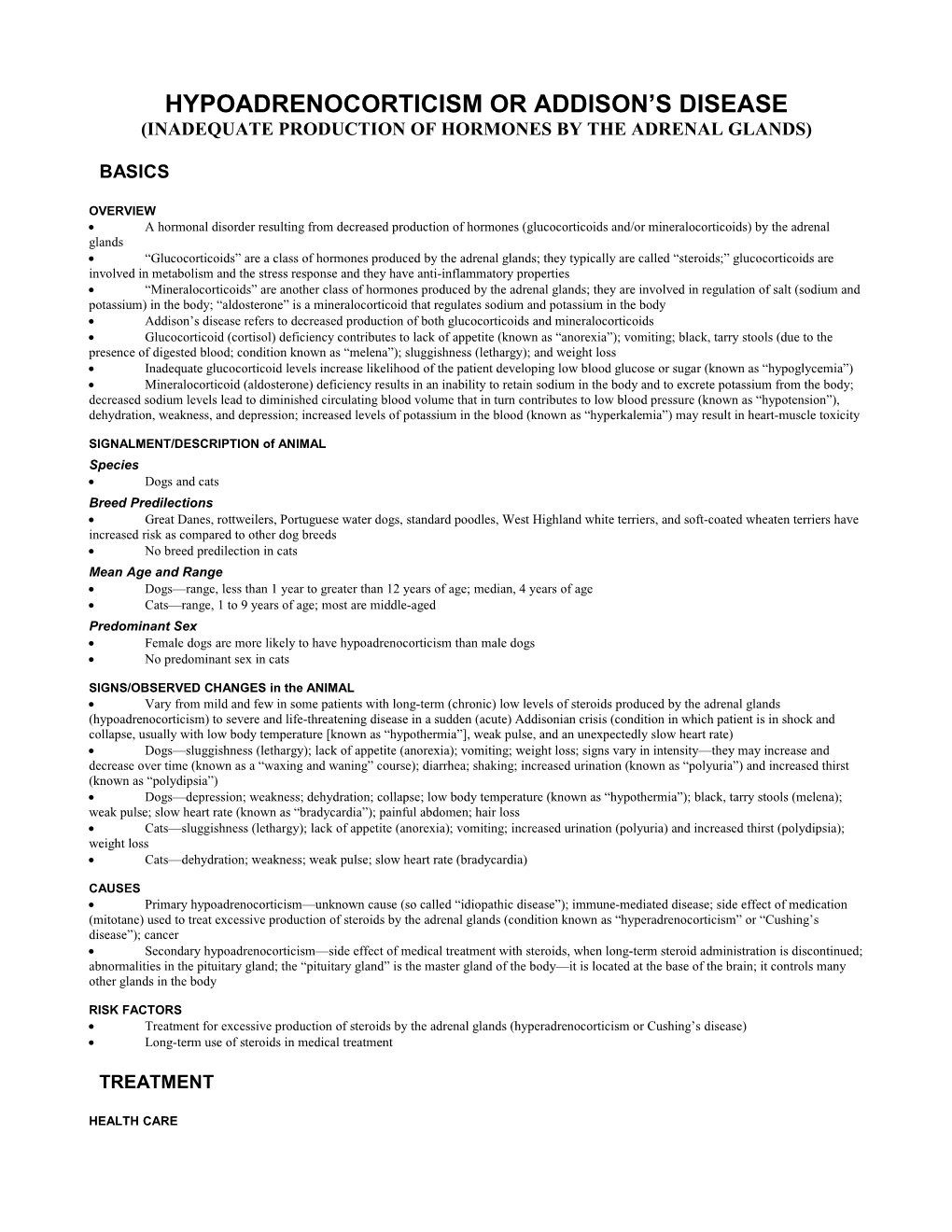 Hypoadrenocorticism Or Addison S Disease (Inadequate Production of Hormones by the Adrenal