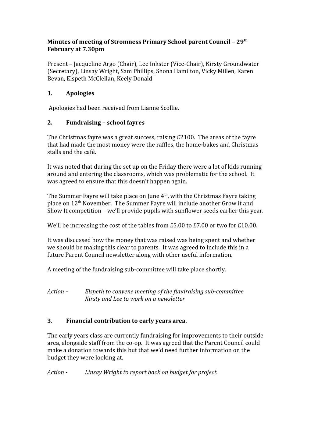 Minutes of Meeting of Stromness Primary School Parent Council 29Th February at 7.30Pm