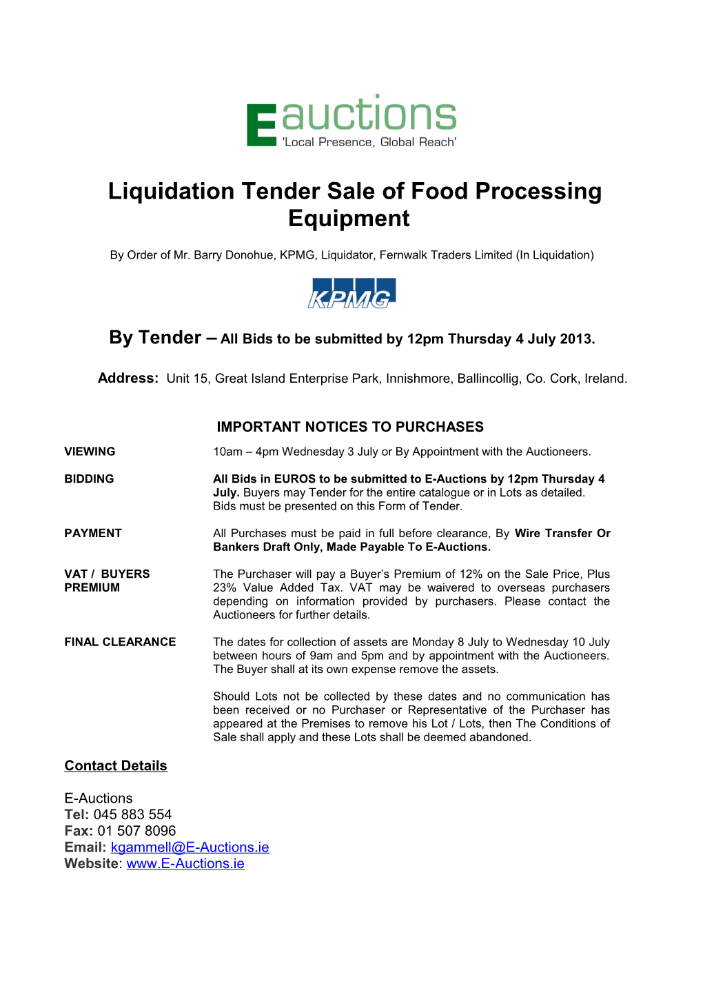 Liquidation Tender Sale of Food Processing Equipment