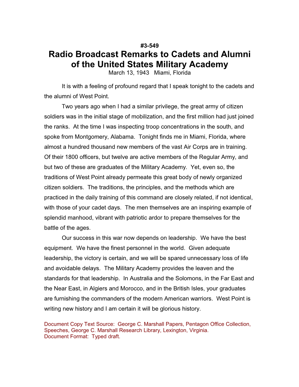 Radio Broadcast Remarks to Cadets and Alumni of the United States Military Academy