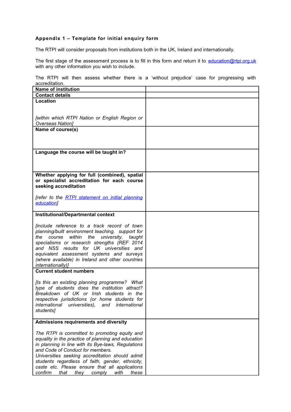 Appendix 1 Template for Initial Enquiry Form