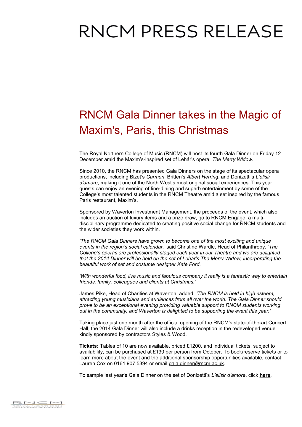RNCM Gala Dinner Takes in the Magic of Maxim's, Paris, This Christmas