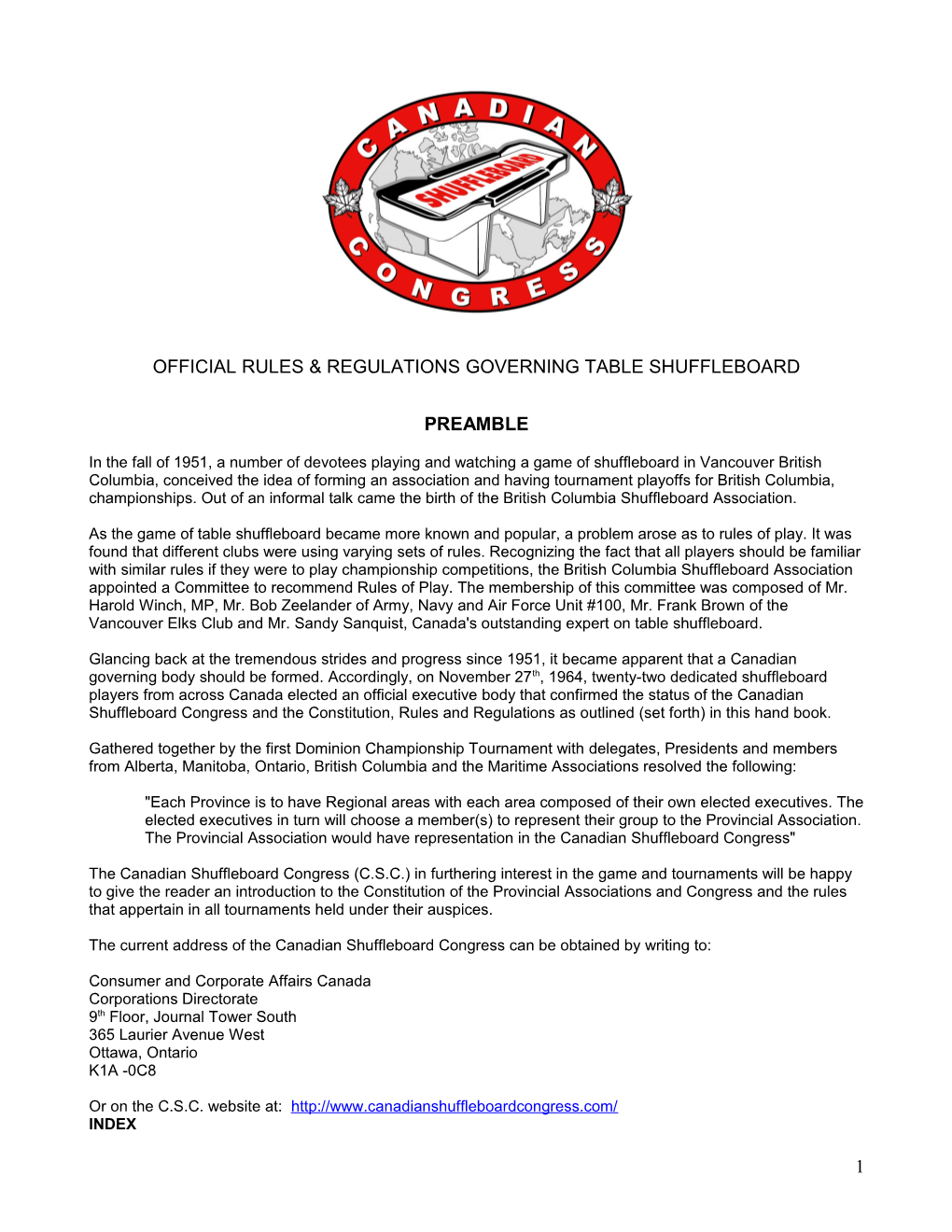 Official Rules & Regulations Governing Table Shuffleboard